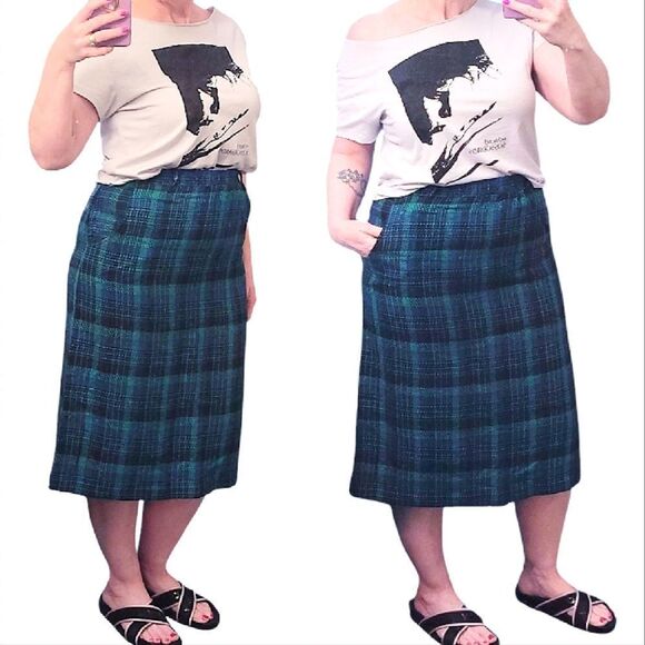 VTG Green Blue Plaid High Rise Pull On Wool Blend Midi Skirt Size 14 (*Large) - Picture 4 of 15